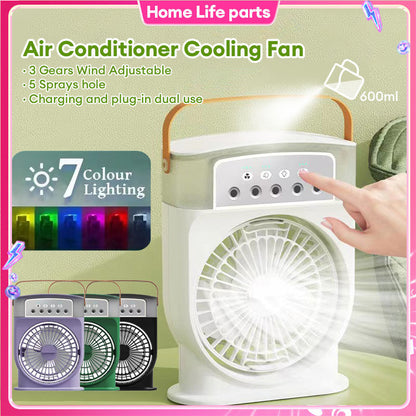 Portable USB Air Conditioner Cooling Fan With 5 Sprays 7 Colour Light 600ML Water Tank