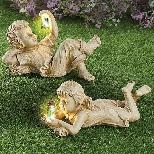 Firefly Jar Garden Statue Children Boy Girl Outdoor Solar Light