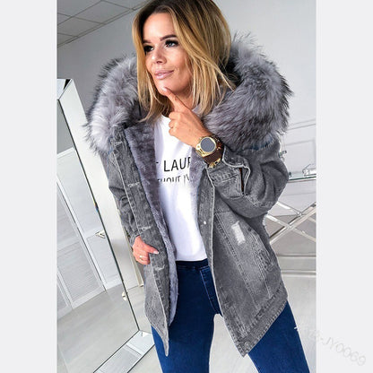 Large Fur Collar Denim Jacket Warm Mid-Length Coat