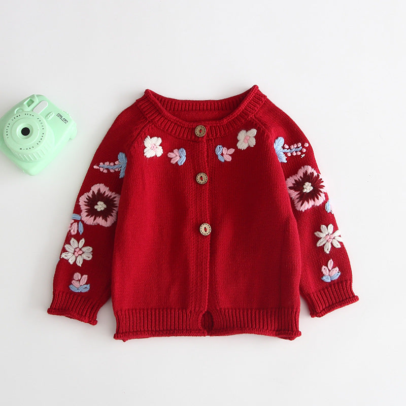 Embroidered cardigan knit sweater