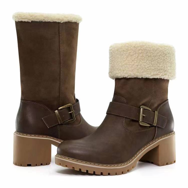 Buckle Chunky HeelWarm Winter Round Toe Western Boots