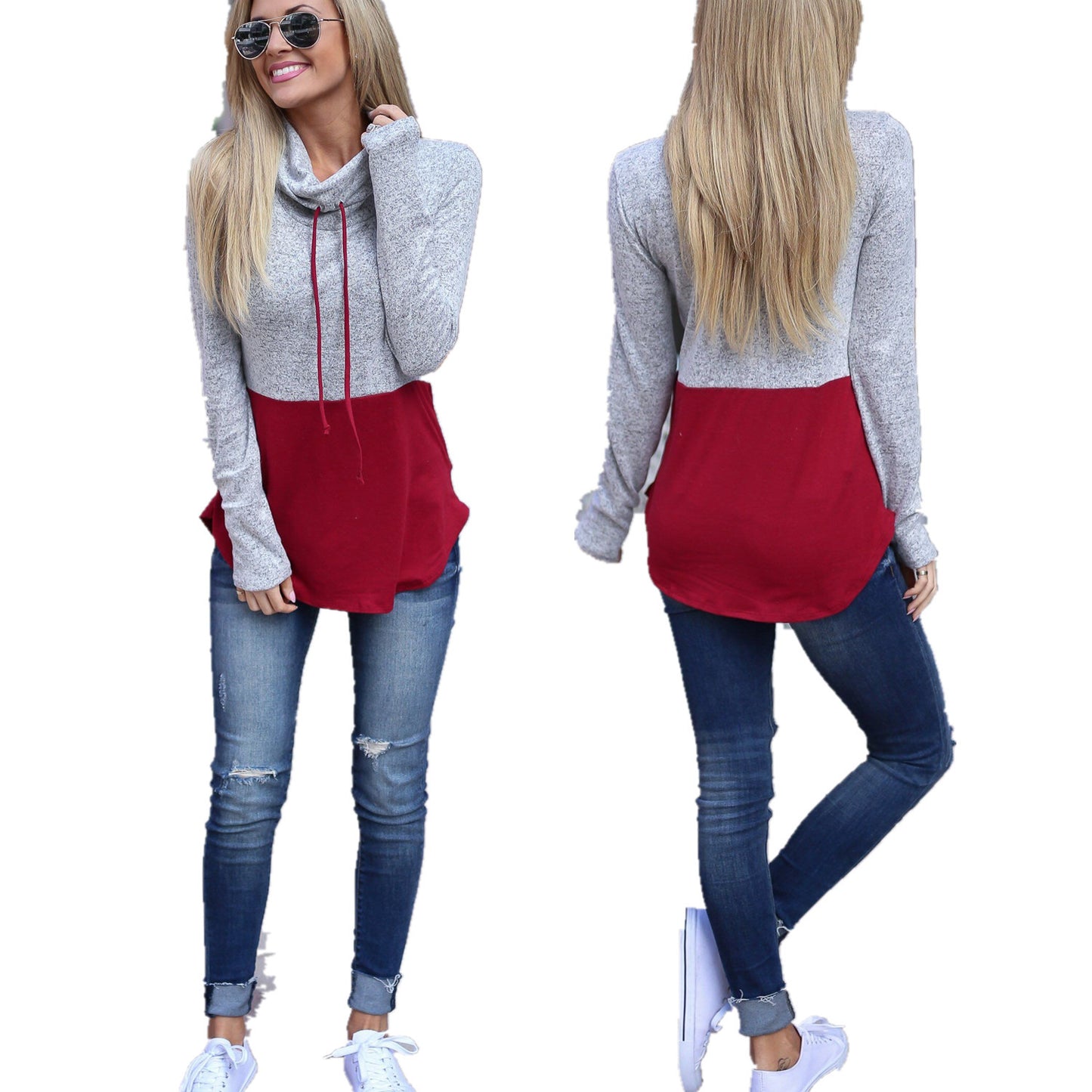 2 Colour Long-Sleeved Pile Neck Pullover Top