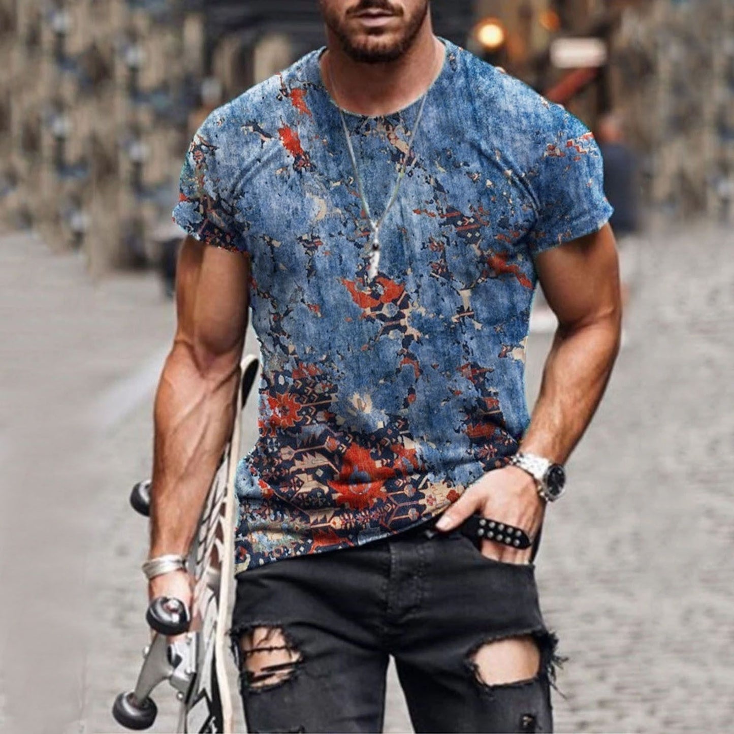 Mens Fashion Collarless Short Sleeve T-shirt