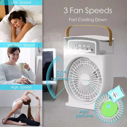 Portable USB Air Conditioner Cooling Fan With 5 Sprays 7 Colour Light 600ML Water Tank