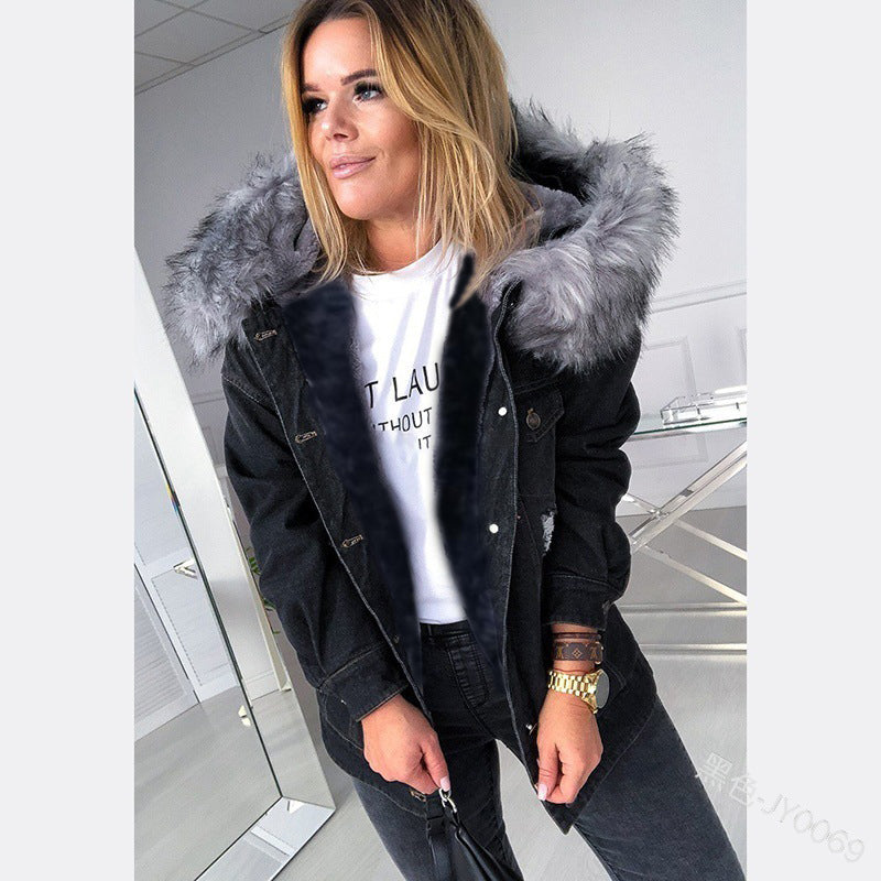 Large Fur Collar Denim Jacket Warm Mid-Length Coat