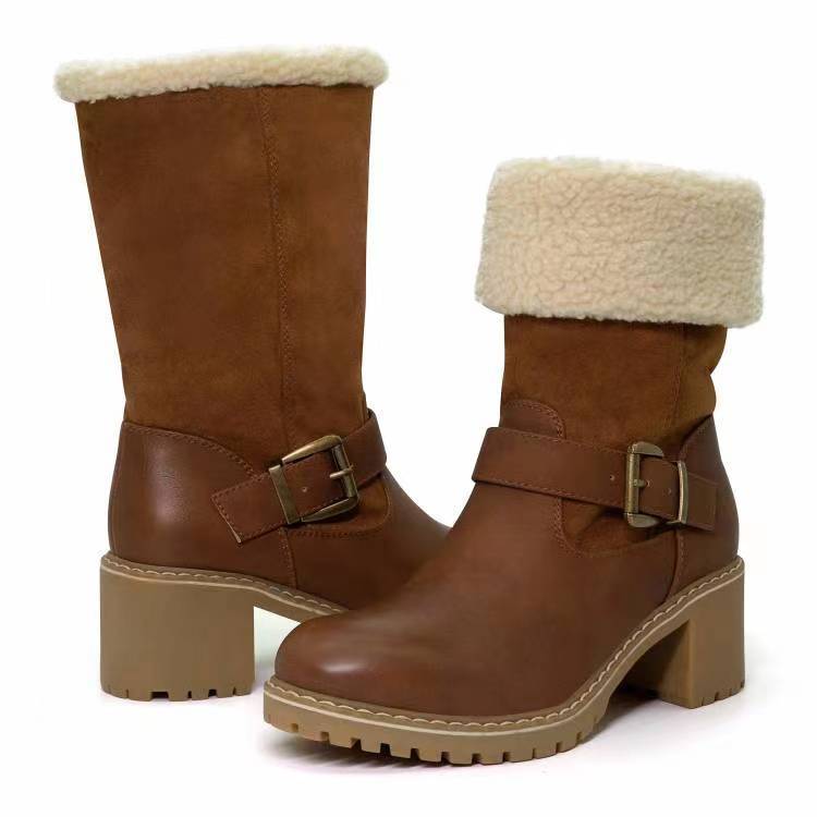 Buckle Chunky HeelWarm Winter Round Toe Western Boots