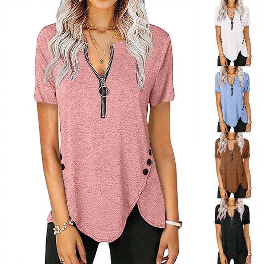 Women's Casual Short Sleeve Top V-Neck Zip Button T-Shirt